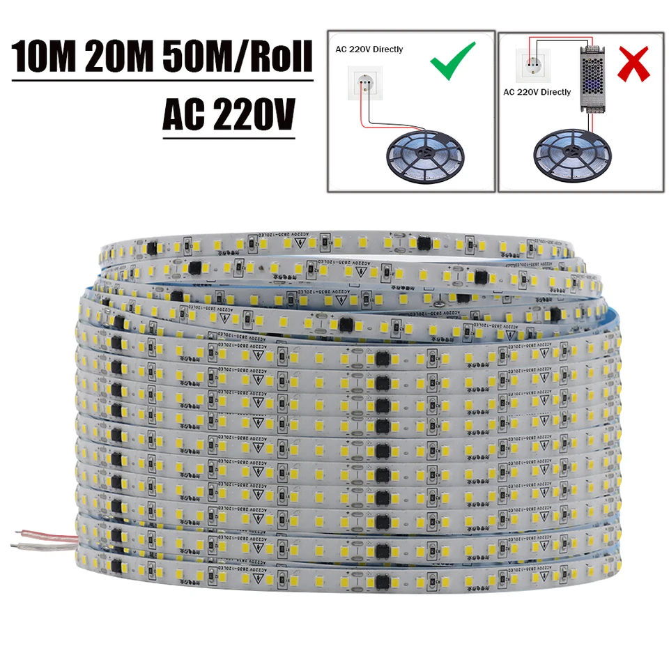 Tira de luces LED Flexible, rollo de 10m, 20m, 50m, 220V, 2835