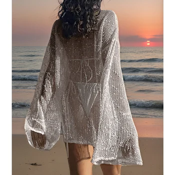 Pure Color Hollow Out Side Slit Top,Casual Loose Fit Long Sleeve Beach Cover-Up,Vacation Style,Plain Pattern,Fashion Beachwear