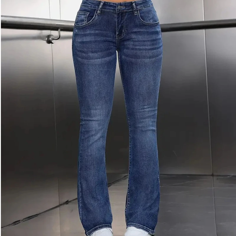 Y2k Jeans For Woman Blue Stretch Flare Denim Pants Vintage Retro Fashion Minimalist Elastic Waist Comfort Fit 2025 Trendy 5
