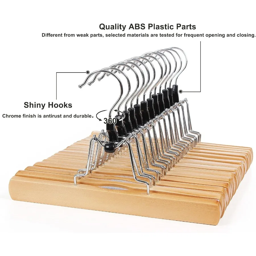 12 Pack Wooden Pants Hangers Premium Solid Wood with NonSlip Felt for Secure Clothing Storage Smooth Finish Design with 360 Swi