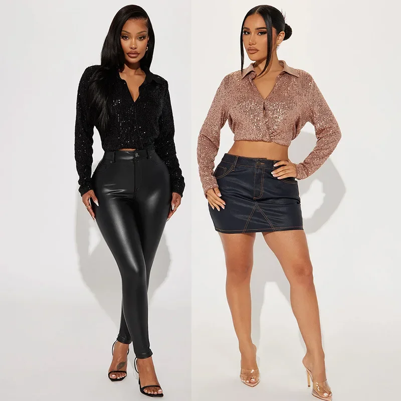 

Autumn Womens Sequin Shirt Sexy Solid Color Button Top Long Sleeve Sequined Shirt for Women