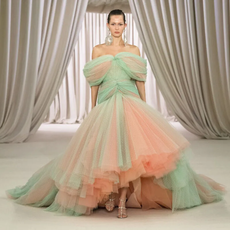 

2023 Newest Pleated Tulle Party Dresses Off the Shoulder Mixed Colors Fluffy Long Prom Gown Formal Occasion Dress Custom Made