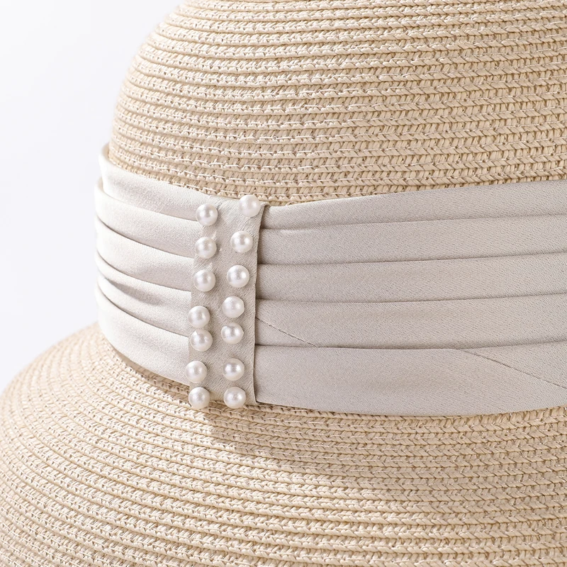Straw Hat for Women Sunscreen Holiday Travel Beach Cap Retro Hepburn French Style Bucket Hat Pearl Decoration Fisherman Sun