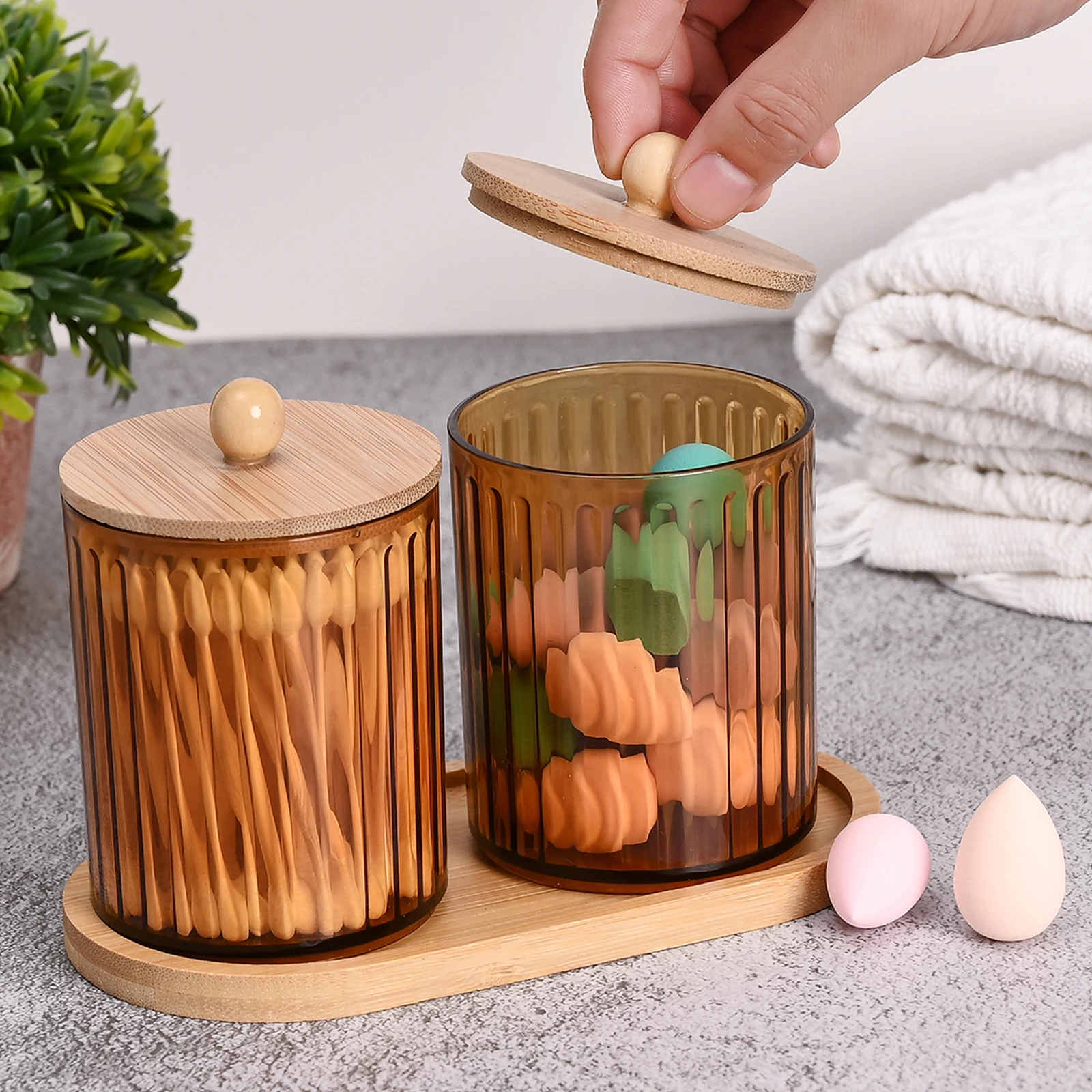2/3PCS Amber Bathroom Jars with Tray Vanity Office Use Storage Jar Cotton Balls,Clips,Sponges,Floss Pick Apothecary Jars 2