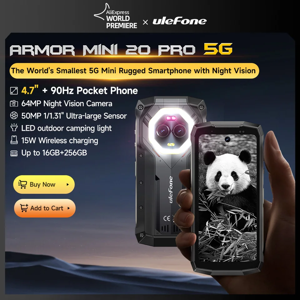 Ulefone Armor Mini 20T Pro 5G Telephone Portable Incassable, 16Go+256Go Smartphone Incassable Android 14, Ecran 4.7'' Imagerie Thermique, 50MP+32MP 6200mAh 33W, IP68/IP69K/Dual SIM/NFC/GPS/OTG