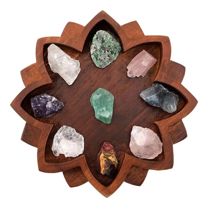 Wooden Lotus Tray Lotus Shape Crystal Stone Holder Crystal Display Tray with Bottom Non-Slip Pad for Aromatherapy Oils Jewelry 3