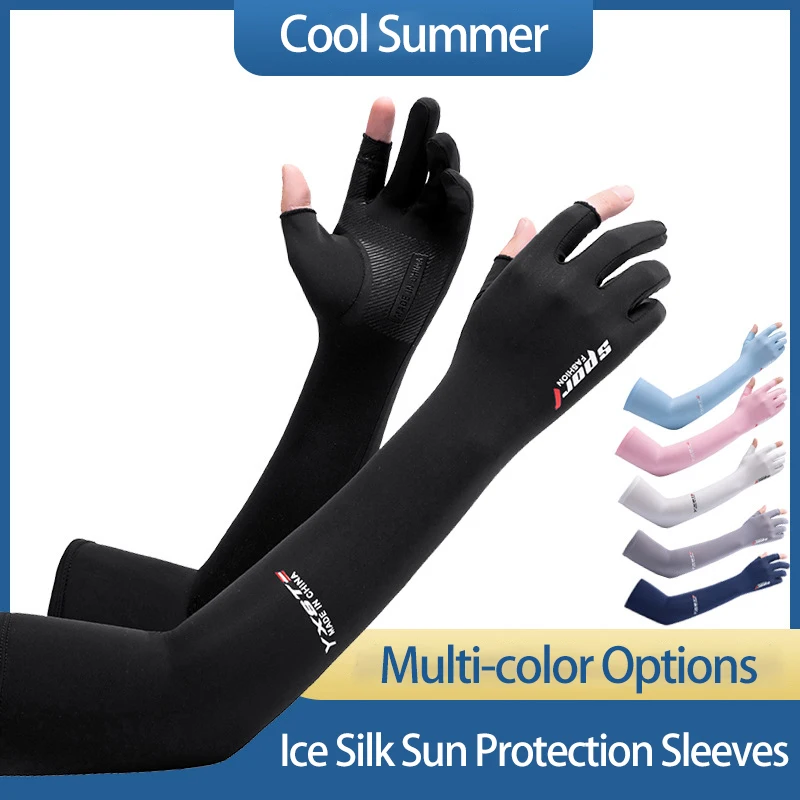 Sun Protection Sleeves Ice Silk Sleeves Women Summer Sun Protection Men Fishing Cycling Breathable Two-Finger Non-Slip Gloves Arm Warmer Driving Sleeve