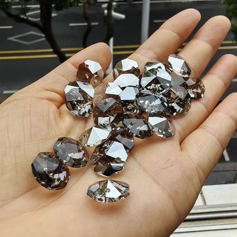 20pcs/lot 14mm Grey Crystal Chandelier Octagon Beads 2holes Glass Curtain Strands Part Lamp Accessories