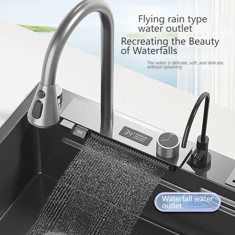 Stainless Steel Kitchen Sink With Waterfall Large Single Slot Dishwashing Multifunctional Sinks Home Improvement Left Drainage