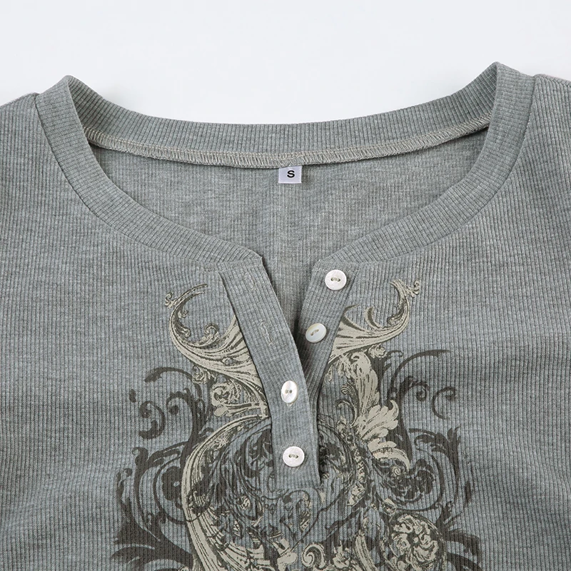 Retro Flower Print Button V-Neck Women¡¯s Top Long Sleeve Y2k Basic All-Match Slim s Fashion New Blouse
