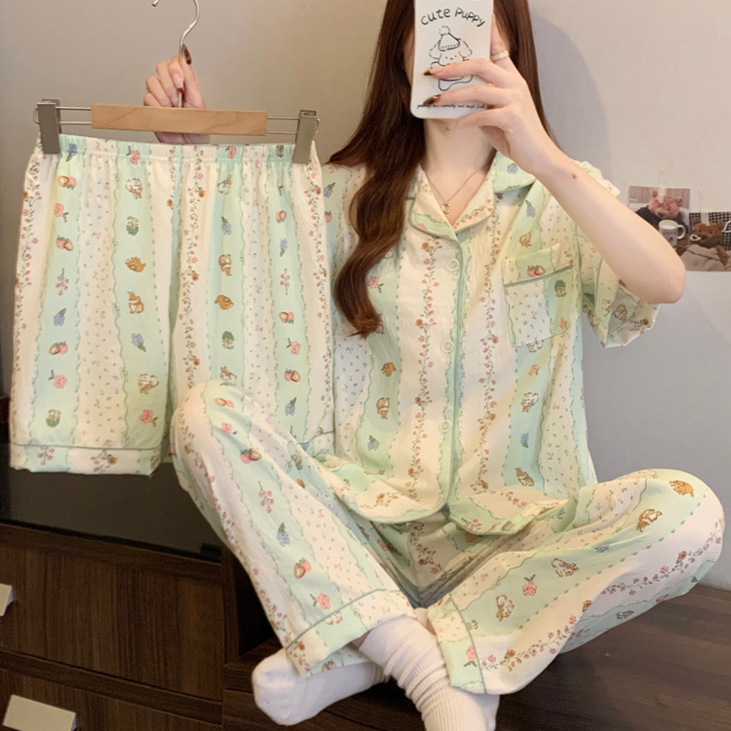 Summer New Clouds of Cotton Pajamas Three-Piece Set of Women's Japanese Casual Small Flowers Short-Sleeved Long Pants Homewear