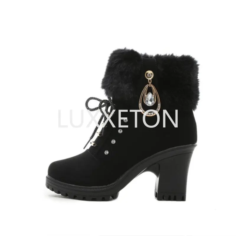 

Зимние Новые водонепроницаемые бриллиантовые полусапожки на высоком каблуке, Нескользящие и износостойкие меховые короткие сапоги с бархатной подкладкой, большие размеры 35-41