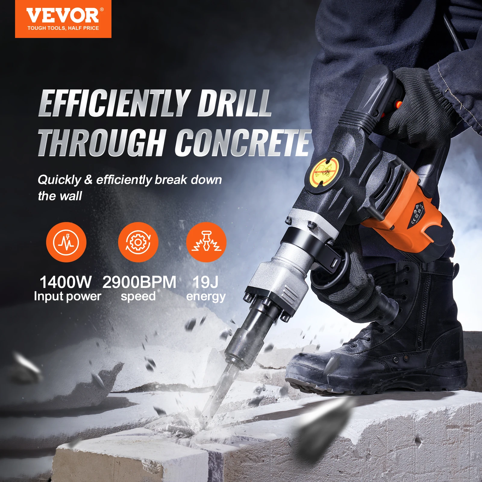 VEVOR 1400W Demolition Jack Hammer Electric Jackhammer Heavy Duty 2900 BPM Concrete Breaker 2pcs Chisels Bits Chipping 2