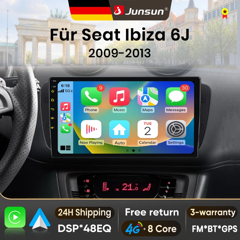 Radio para Auto Junsun de 9 Pulgadas con Android 15 para Seat Ibiza 6j 2009-2013, Inalámbrico para Apple CarPlay, Pantalla Táctil IPS, Reproductor Multimedia Estéreo, Sistema Inteligente para Auto, Unidad Principal Autoradio 2 Din, Navegación GPS, BT, 4G, WIFI, 8 Núcleos, FM, DSP, RDS, SWC, DAB+ 1