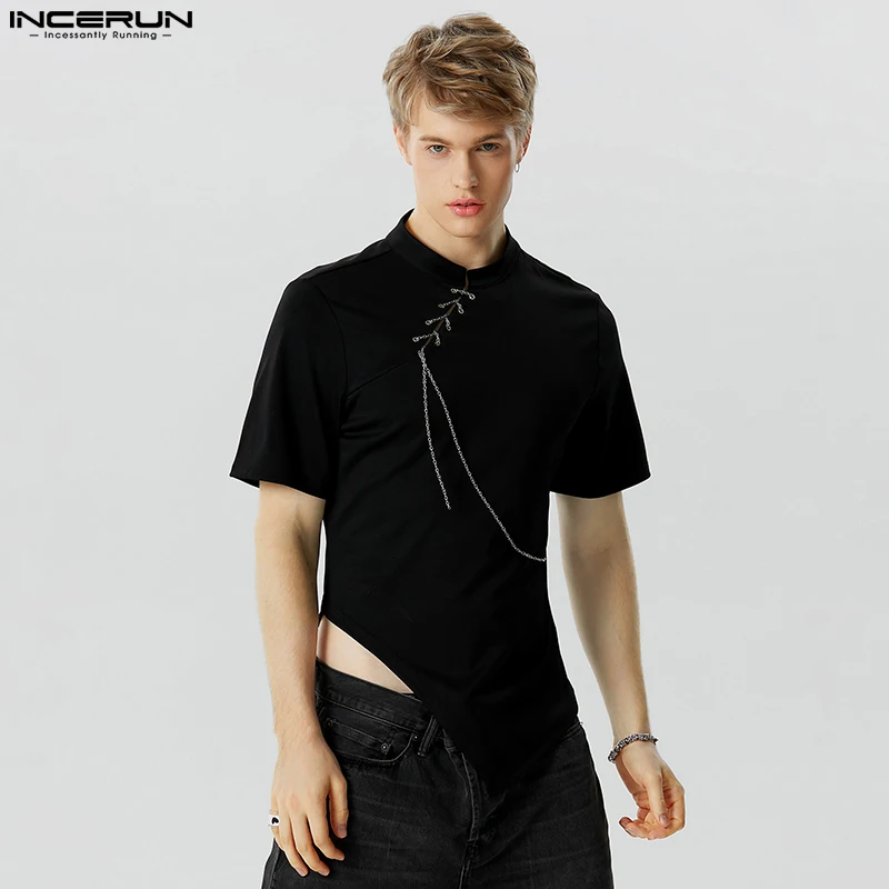 INCERUN Tops 2023 Chinoiserie New Men's Knitting Chain Design Shirts Casual Streetwear Male Solid Mesh Short Sleeve Blouse S-5XL