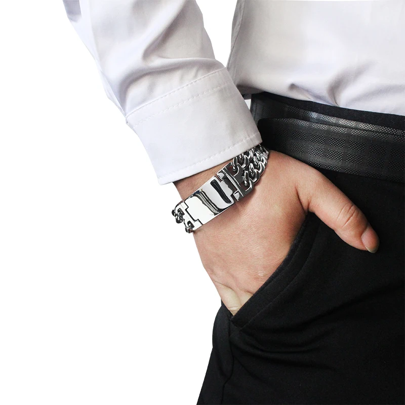 Chinese Meanings Unisex Wide Silver Color Chain Bracelet Bangle Stainless Steel Words ID Bracelet For Women Men 6