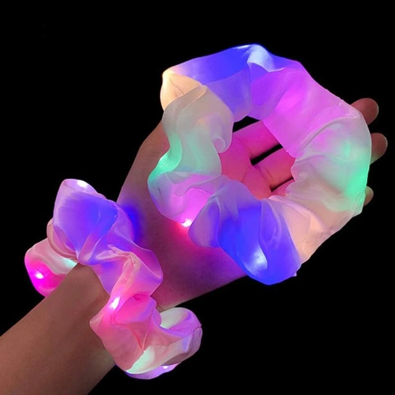Y4NB 6Pcs LED 조명 머리 Scrunchies 다채로운 빛나는 새틴 부드러운 헤어 타이 밴드 탄성 포니 테일 홀더 파티 호의