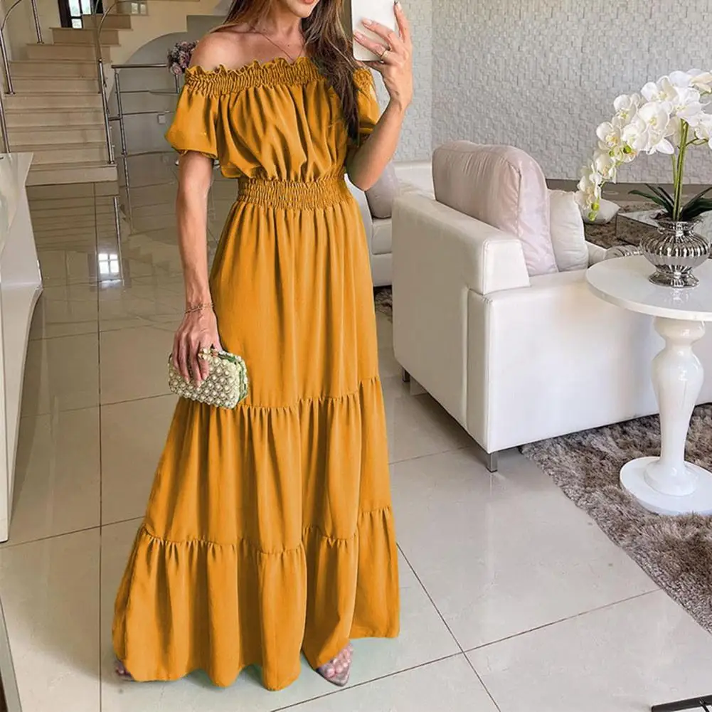 

Sexy Puff Sleeves Off Shoulder Ruffles Women Dress Large Hem A-Line High-Waist Solid Color Boho Maxi Dress Loose Sundress Robe