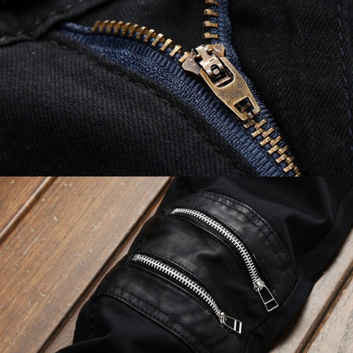 Men's Leather Knee Zipper Jeans Geometric Shape Straight Tube Cotton Soft Elastic Slim Fit Deep Black Pants 2024 High Elasticit