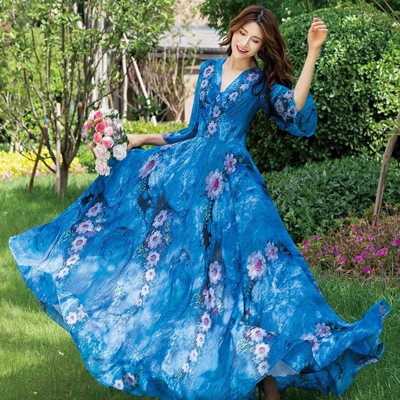 

Ankle Length Dress Women Casual Vintage Three Quarter Sleeves Summer Vestidos Boho Style Ladies V-Neck Floral Clothing M546