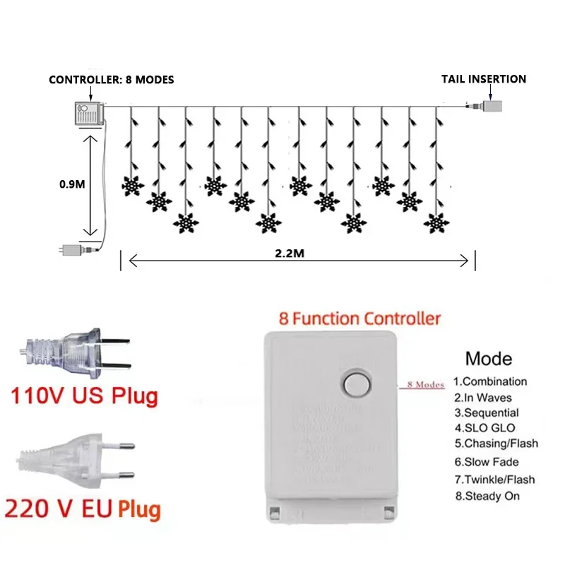 Iluminación LED de Navidad, cortina de copos de nieve, pilar de hielo, 3M, cascada, casa, jardín, terraza, decoración navideña, 2024
