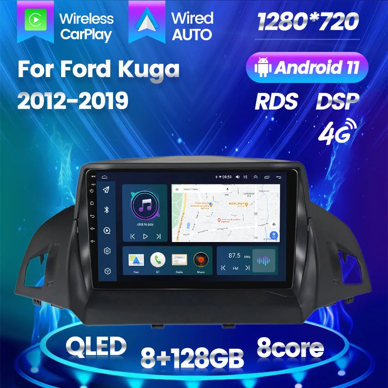 

QLED Car Audio Radio GPS For Ford Kuga 2012 -2018 2019 Android Auto Touch Screen Stereo Navigation Multimedia DSP 8-Core No Dvd