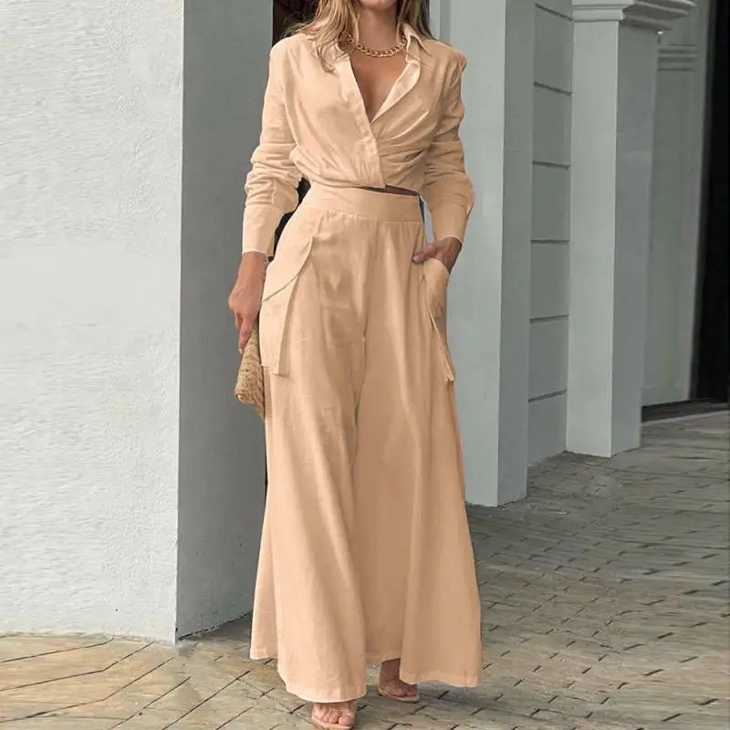 

2023 Summer New Style Vneck Long Sleeve Shirt High Waist Wide Leg Pants Loose Fashion Casual Set Yellow Office Commuter Clothing