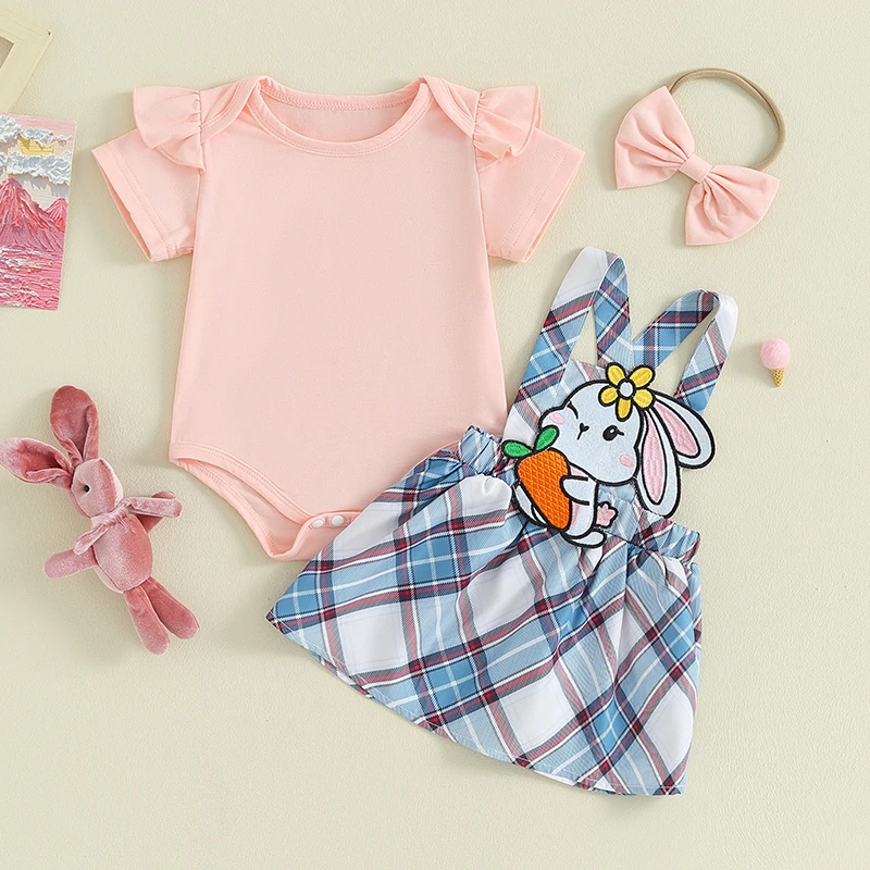 

Newborn Baby Girl Easter Outfit Short Sleeve Romper Bunny Embroidery Suspender Skirt Headband 3Pcs Set