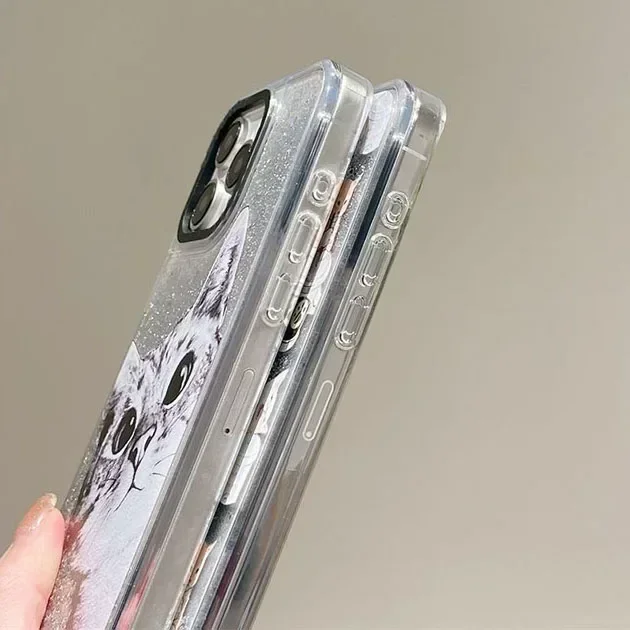 Transparent Border Silver Quicksand Cat Coffee iPhone 12 13 14 15 Pro Max Case - Protective iPhone Case