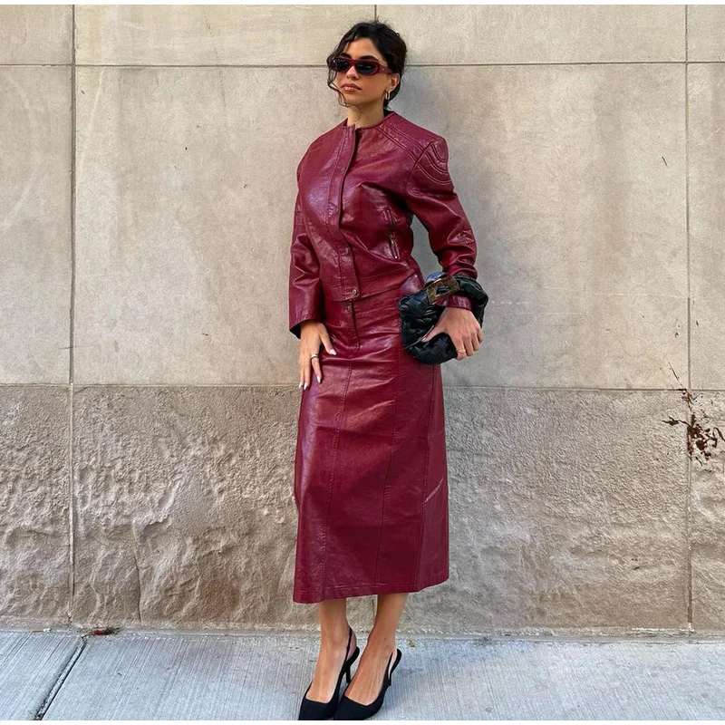 PU Leather Jackets Long Skirts Women's Set Vintage Solid O-Neck Jackets A-Lined Slim Fit Skirt Sets Female Chic Street Outfits