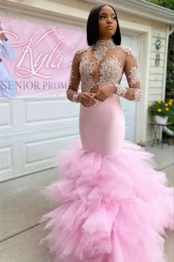 

Mermaid Pink Prom Dresses 2023 Ruffles Beaded Lace High Neck Tulle Long Floor Length Formal Party Evening Gowns Women Custom