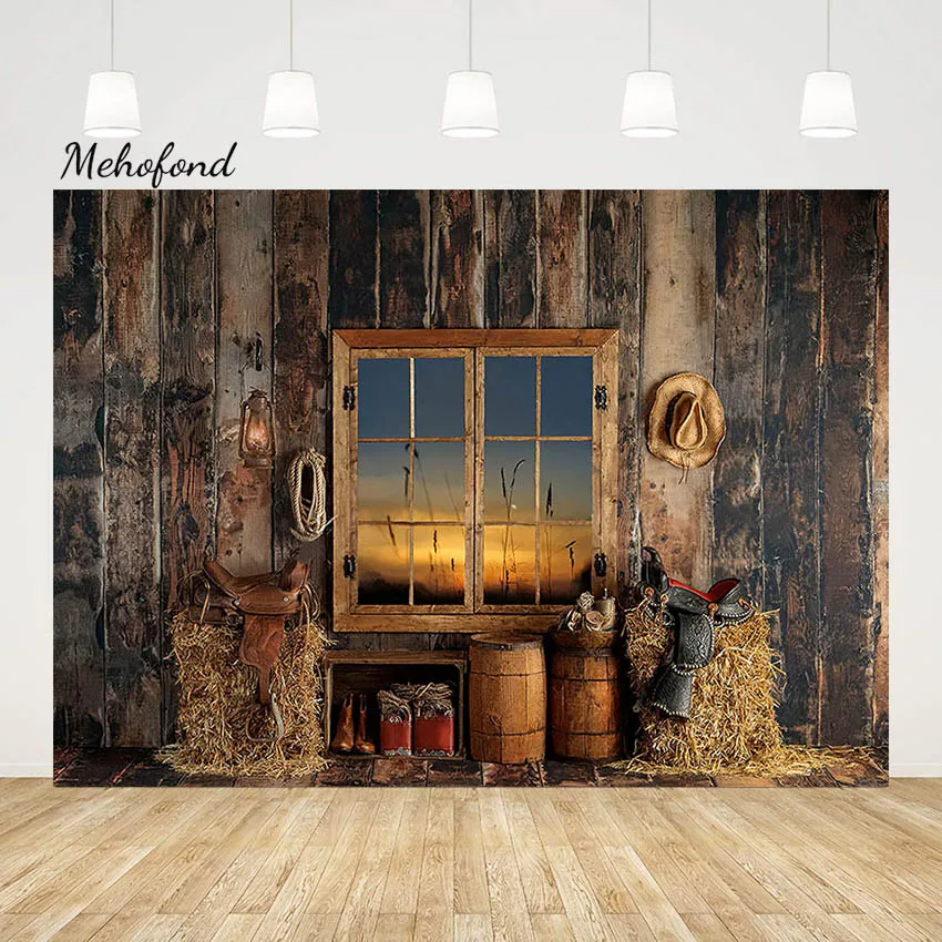 

Mehofond Vintage Western Cowboy Backdrop for Kids Birthday Party Wild West Rustic Farm Barn Wooden House Photography Background