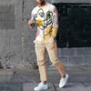 2023爱潮牌-男士时尚两件套图形印花T恤和修身长裤套装男士春季秋季服装休闲街头装