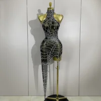 STOCK Sparkly Diamond Sexy Mesh Asymmetric Bodycon Mini Dress Women Nightclub Bar Party Show Gogo Dancer Clothing Stage Costume