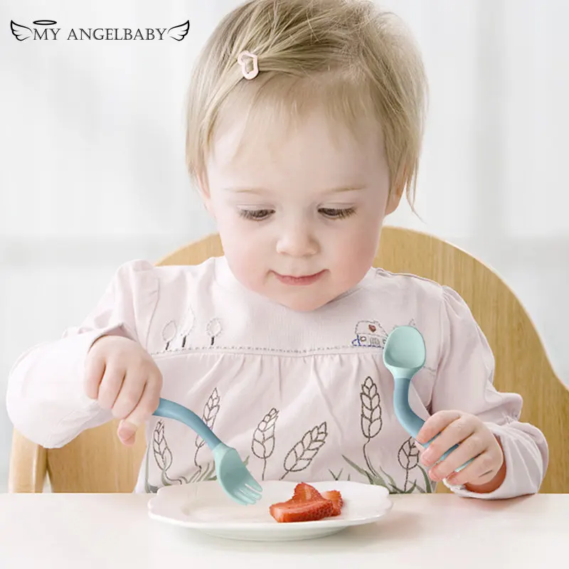 Silicone Spoon Fork 2PCS for Baby Utensils Set Auxiliary Food Toddler Learn To Eat Training Bendable Soft Fork Infant Tableware silicone cutlery set baby feeding spoon