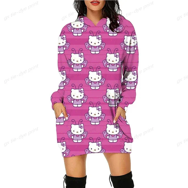 thumbnail image 1 of Vestido sexy hasta la rodilla para mujer, de primavera y otoño, con capucha, manga larga, con bolsillos de HELLO KITTY, vestido sencillo e informal ajustado, 1 of 5