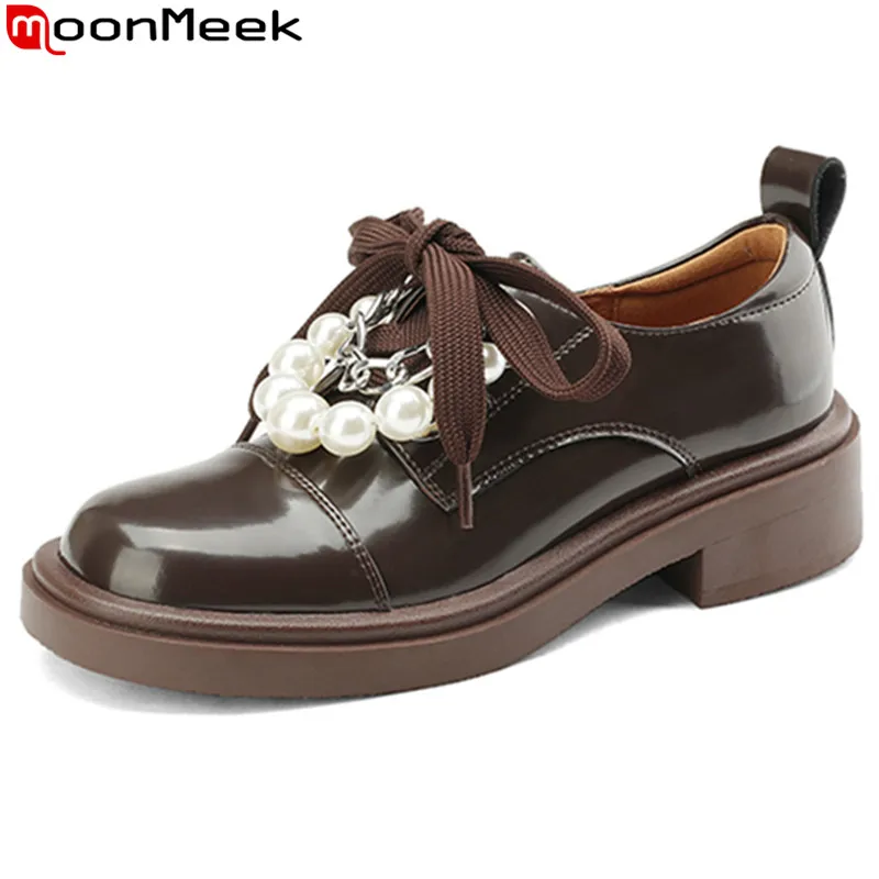 

MoonMeek 2023 New Lace Up Genuine Leather Single Shoes Woman Thick Med Heels Dress Shoes String Bead Ladies Spring Pumps