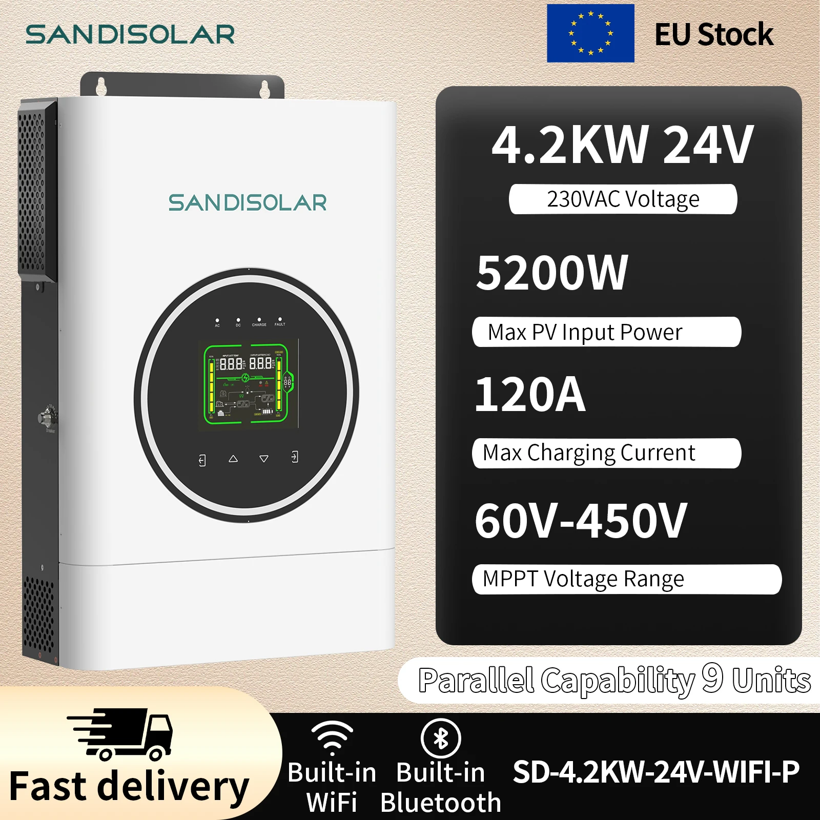 SANDISOLAR 4.2KW 24V Onduleur Solaire Hors Réseau à Onde Sinusoïdale Pure 120A MPPT Hybride 500VDC Double Sortie Parallèle pour Système d'Alimentation Domestique 1 SANDISOLAR 4.2KW 24V Onduleur Solaire Hors Réseau à Onde Sinusoïdale Pure 120A MPPT Hybride 500VDC Double Sortie Parallèle pour Système d'Alimentation Domestique 1