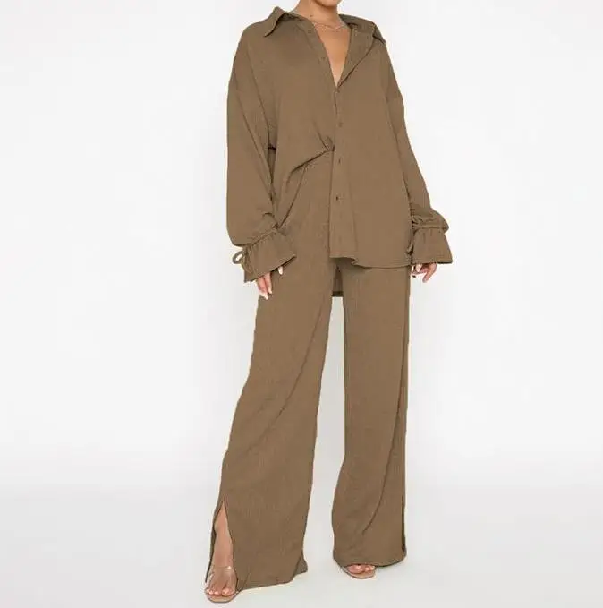 Single Breasted Long Sleeved Tie Top and Pants Set, Popular Autumn 2023 Fashion Women's Loose Sleeved