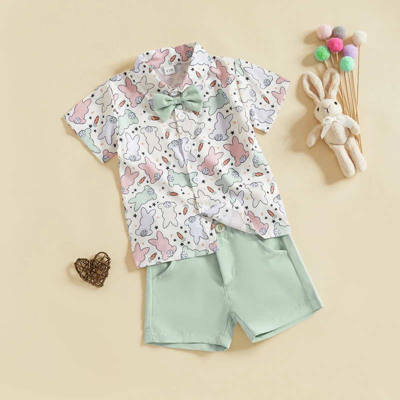Toddler Boy Easter Shorts Set Bunny Print Short Sleeve Button-up Bow Tie Shirt Pockets Shorts