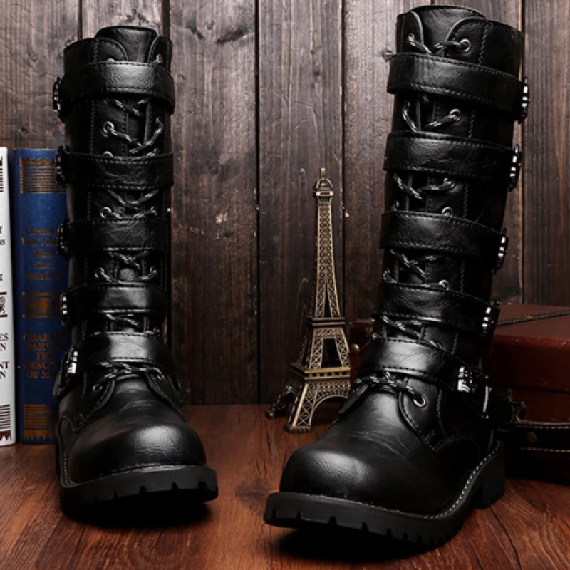 Nieuwe Heren Leren Motorlaarzen Militaire Laarzen Gothic Riem Punk Laarzen Heren Schoenen Outdoor Tactische Militaire Laarzen