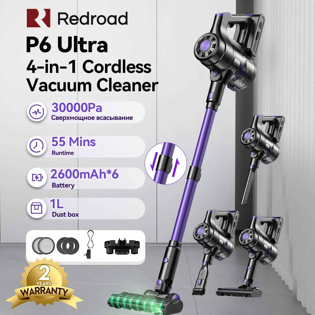 Redroad P6 Ultra 4-in-1-Akku-Staubsauger, 30 kPa, 55 Minuten Laufzeit, handgehalten, aufrecht, Wandmontage, 3 Düsen für Auto, Zuhause, Familie