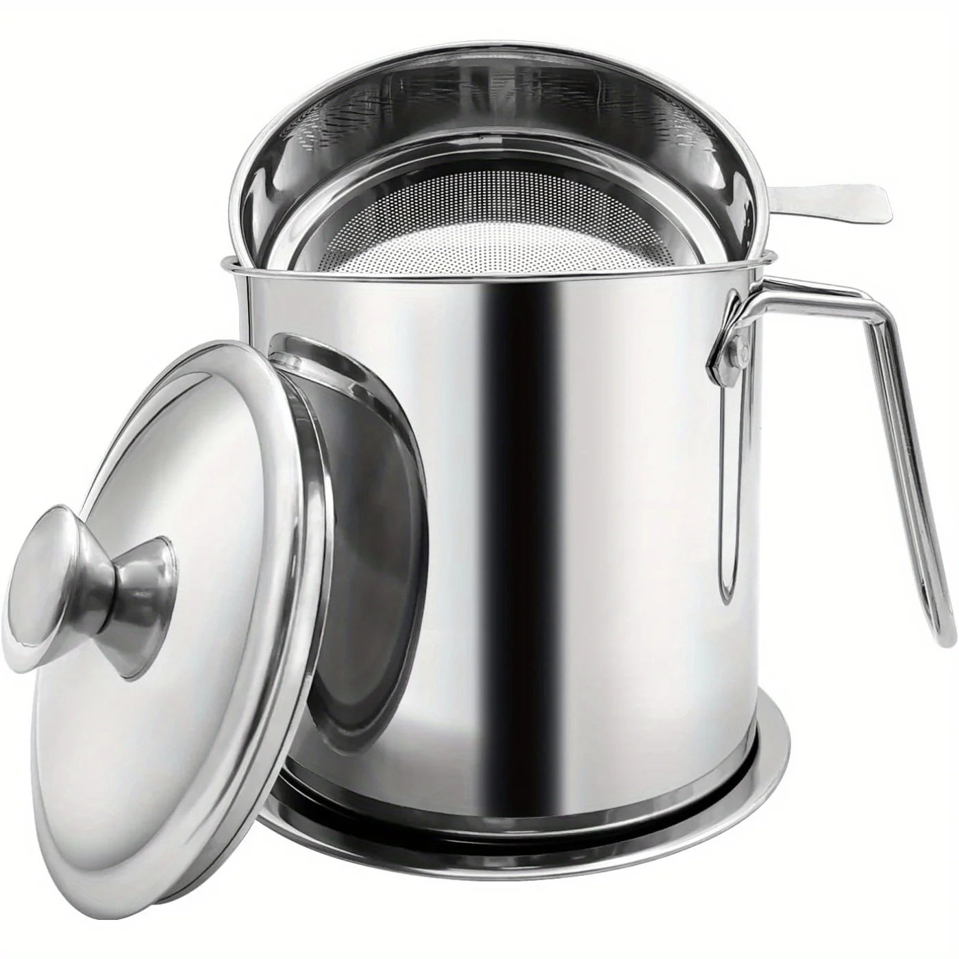 Grease Strainer and Container with Dust-Proof Lid 304 Stainless Steel Oil Storage Fine Mesh Anti-scalding Handle with Tray