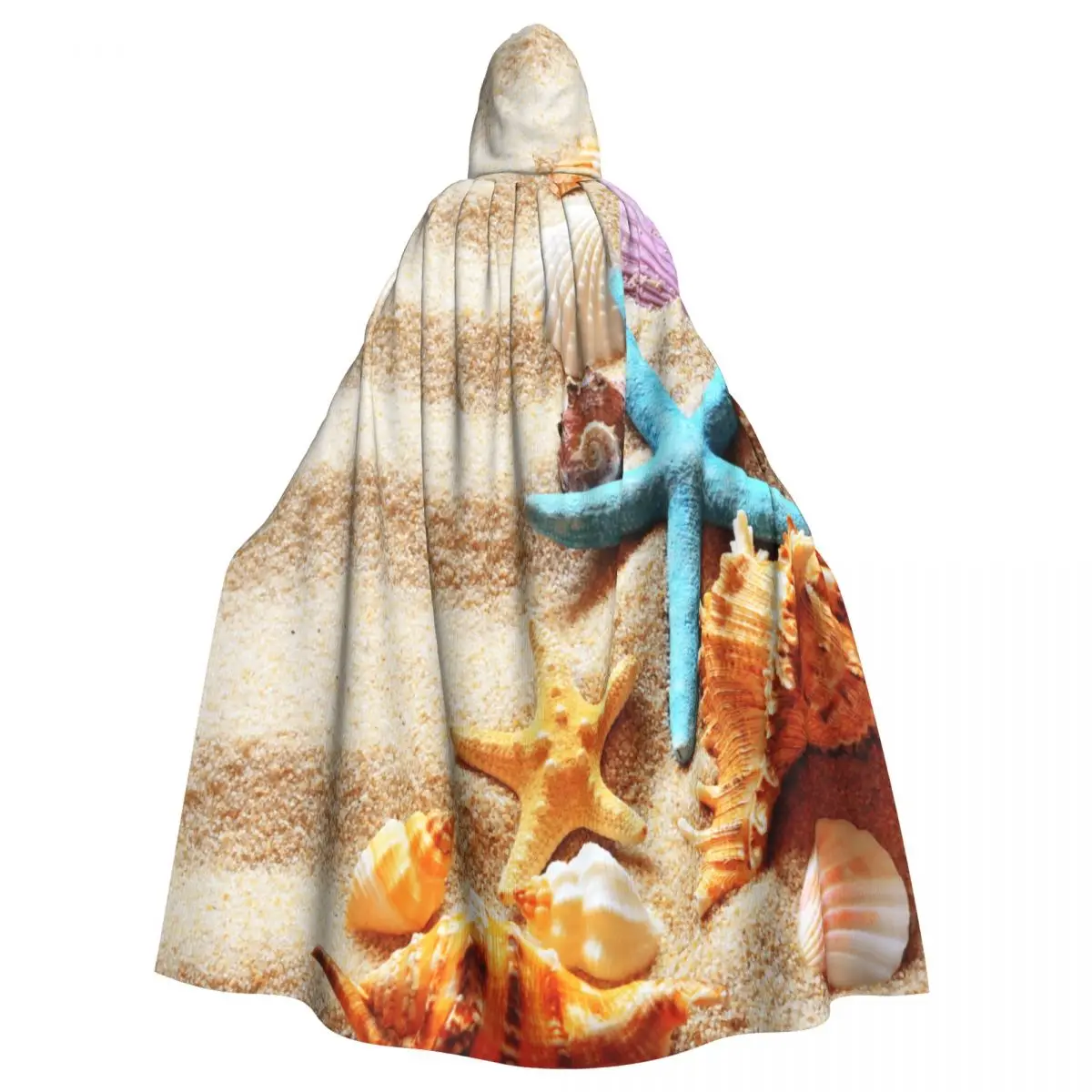 

Sea Shells On Summer Beach And Sand Cloak Hooded Cosplay Costume Halloween Adult Long Party Cape