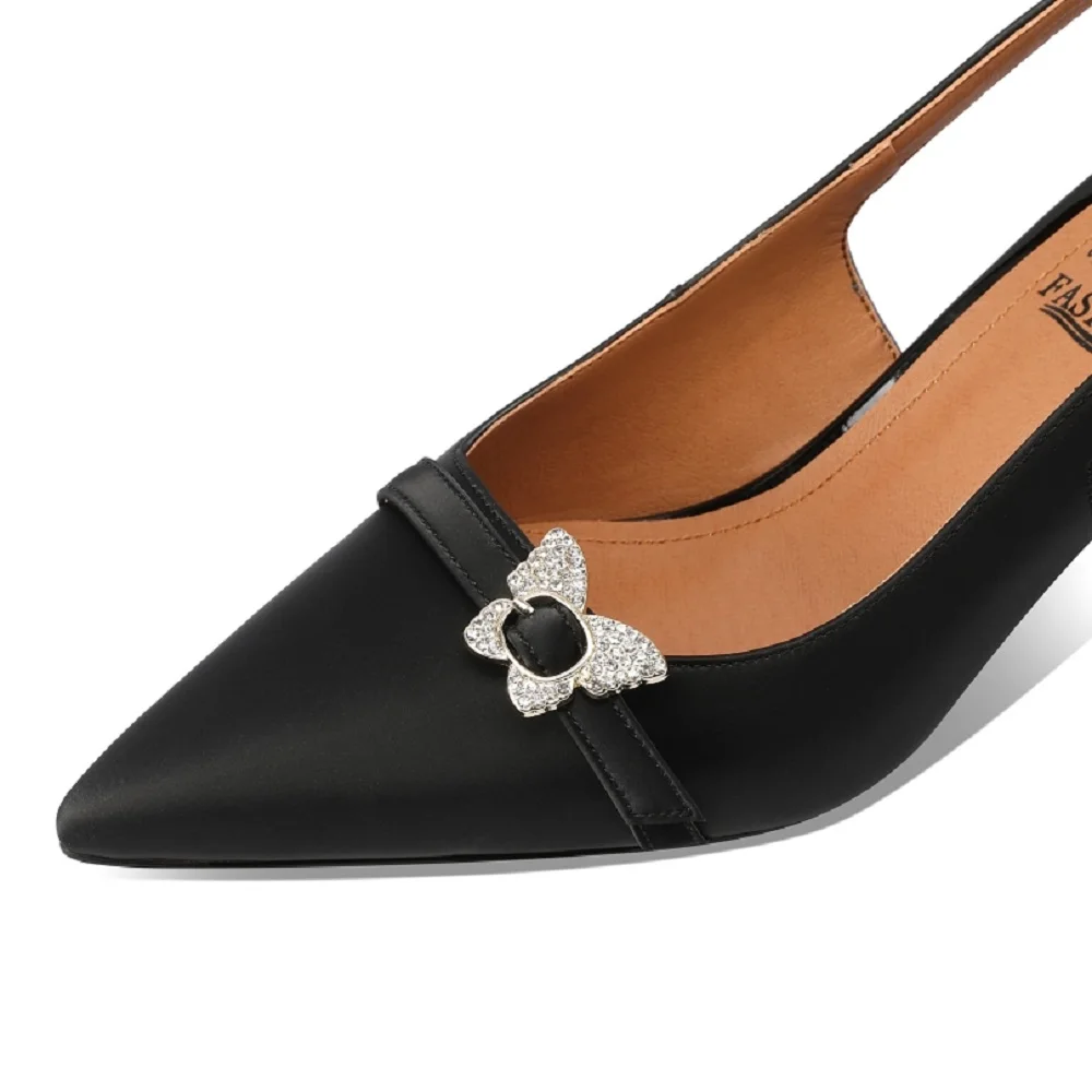 【JOCHEBED HU】Brand Genuine Leather Women Shoes Pointed Toe Slingback Ladies Pumps Thin Mid Heel Buckle Single Shoes 33-43