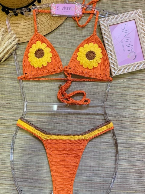 Women Crochet Bikini Sets Female Sexy Flower Swimsuit Adjustable Lace Up  Top Swimwear Orange And Blue