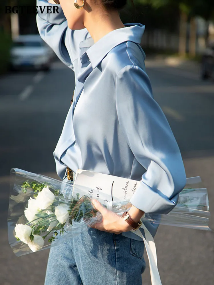 

BGTEEVER весенние модные свободные женские атласные Блузки Элегантные однобортные женские рубашки с длинным рукавом Женские однотонные Топы