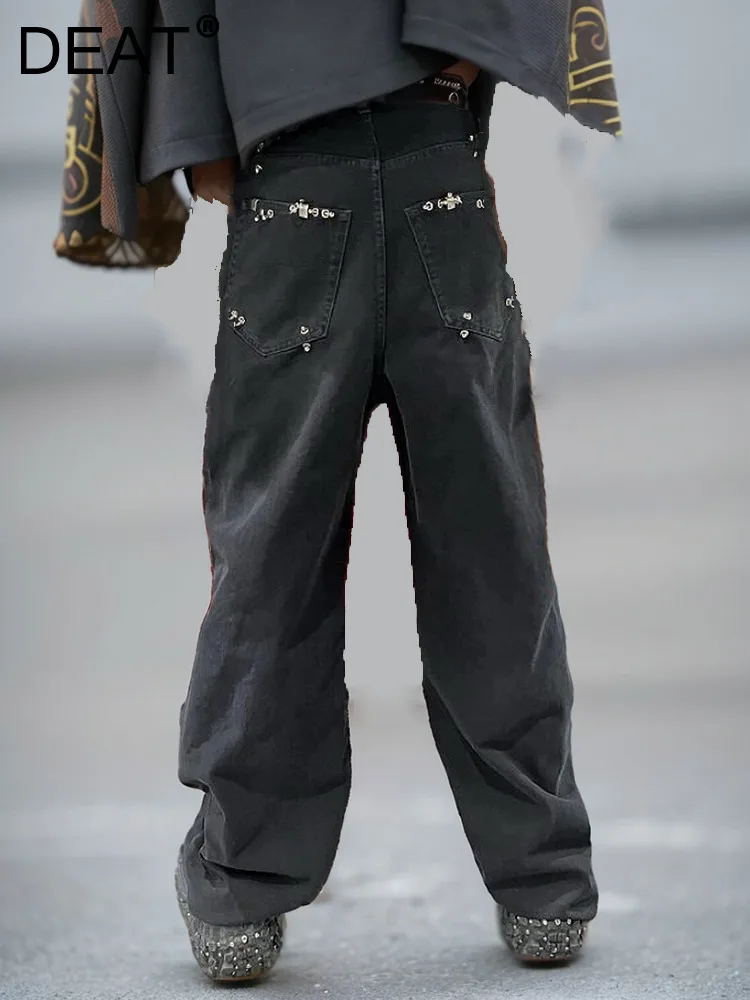

DEAT Vintage Fashion Women's Metal Decorate Straight Jeans 2024 Spring New Trendy High Waist Casual Pants Female 33A1220