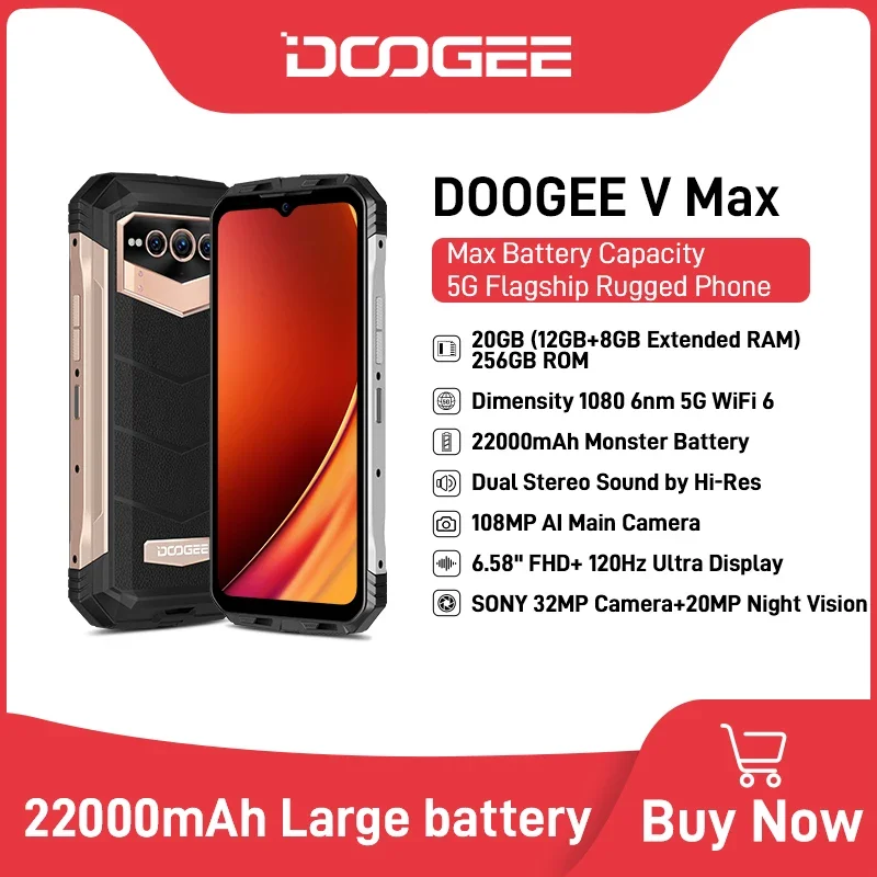 World Premiere DOOGEE V Max 5G Rugged Phone 22000mAh 12GB+256GB Cellphone 108MP Camera Phone 120Hz Dimensity 1080 Hi-Res