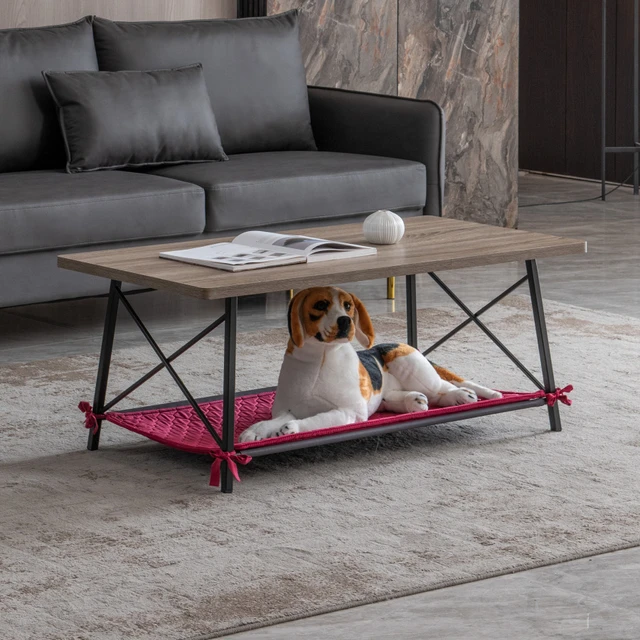 Coffee table with pets bed. black metal frame with wooden top